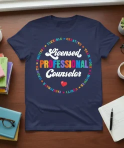Licensed Professional Counselor t-shirt with colorful text and empowering words in a circle design