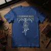 Life Behind Bars quote with a vintage bicycle graphic on a navy blue t-shirt