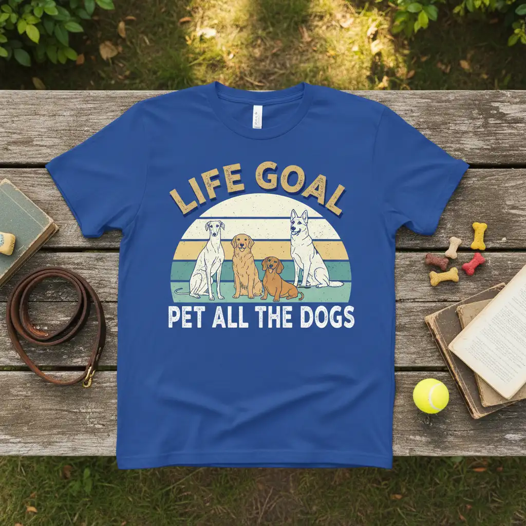 LIFE GOAL PET ALL THE DOGS text with diverse dog breeds illustration on a blue tee