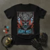 Black t-shirt with "Life Happens Heavy Metal Helps" text, featuring a mechanical skull, red eyes, lightning, and flames