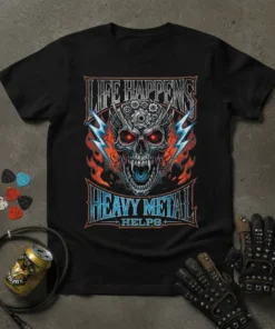 Black t-shirt with "Life Happens Heavy Metal Helps" text, featuring a mechanical skull, red eyes, lightning, and flames