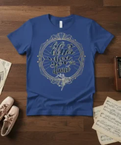 Life is better when you dance quote with elegant ballet dancers graphic on a blue t-shirt