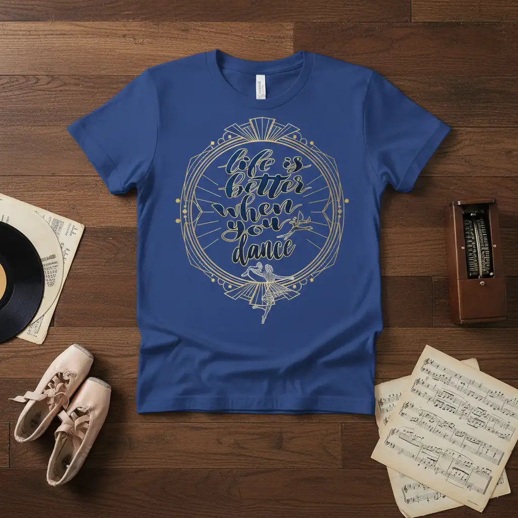 Life is better when you dance quote in script with ballet dancers graphic on blue tee