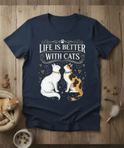 Life Is Better With Cats quote on a navy t-shirt with two cats sitting side-by-side, celestial accents, and hearts