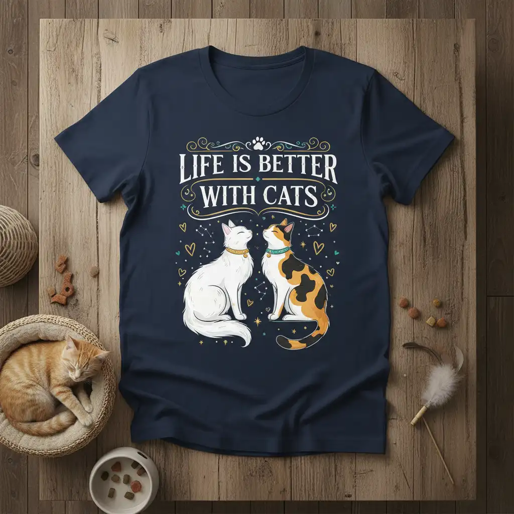 Life Is Better With Cats quote on a navy t-shirt design with artistic illustrations of two cats and celestial elements