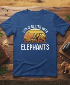 T-shirt featuring geometric elephants and the text "Life Is Better With Elephants" against a sunset graphic