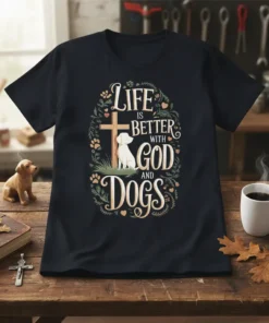 Life Is Better With God And Dogs quote on a black t-shirt with a cross and dog graphic