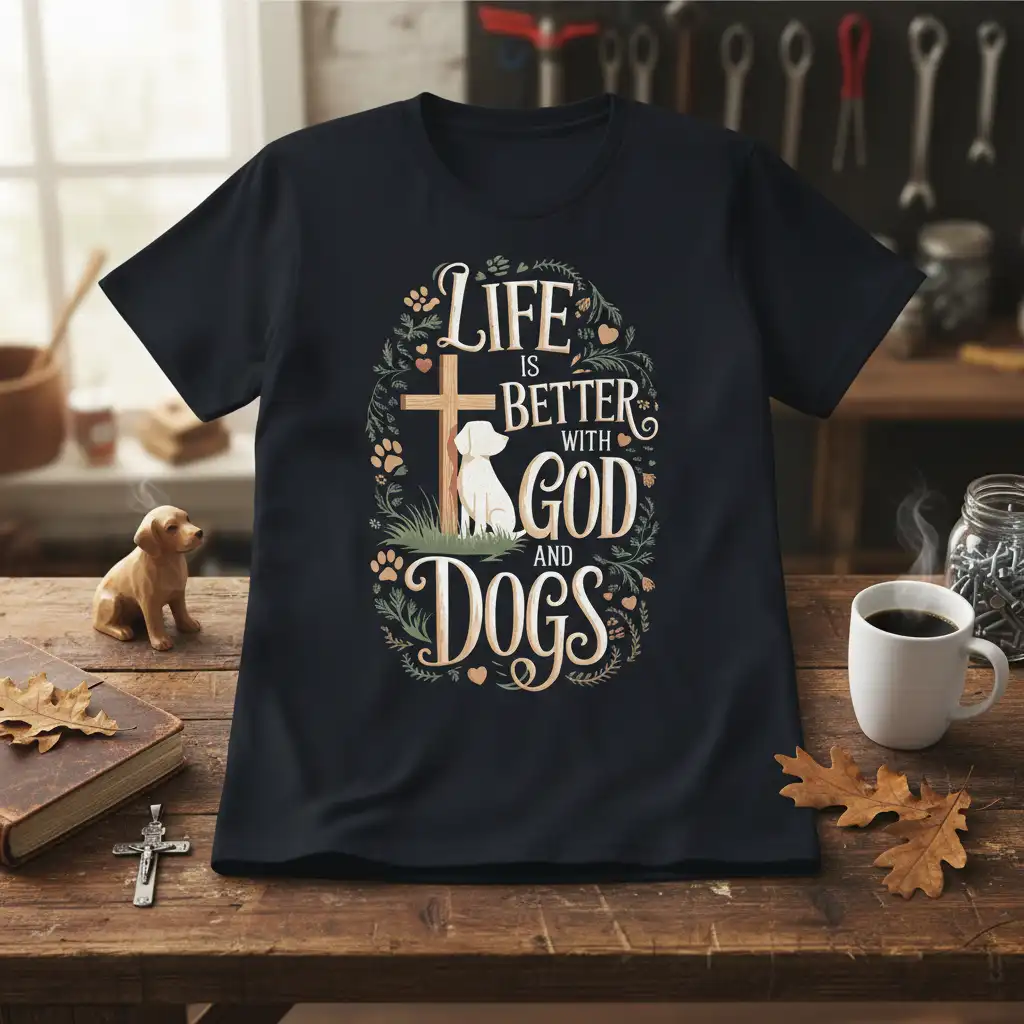 Life Is Better With God And Dogs quote on black tee with cross and dog graphic