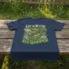 Life is Better With Grasshoppers text with a detailed grasshopper illustration on a navy t-shirt
