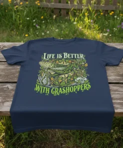 Life is Better With Grasshoppers text with a detailed grasshopper illustration on a navy t-shirt