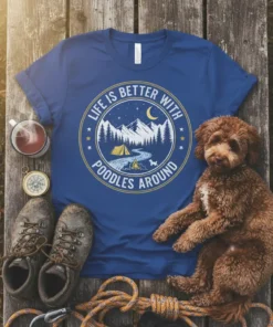 Life Is Better With Poodles Around camping graphic t-shirt with mountains, tent, and stars