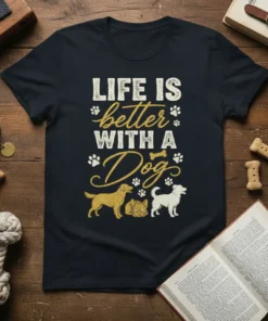 Life Is Better With A Dog quote with paw prints and dog graphics on a dark t-shirt