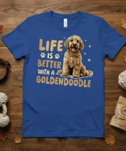 Goldendoodle dog sitting with text "Life Is Better With A Goldendoodle" on a royal blue t-shirt