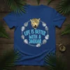 Life Is Better With A Jaguar t-shirt design featuring a jaguar head graphic surrounded by tropical leaves and text