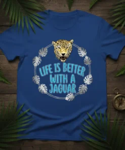 Life Is Better With A Jaguar t-shirt design featuring a jaguar head graphic surrounded by tropical leaves and text