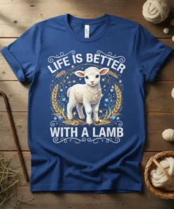 Life Is Better With A Lamb text above a cute lamb graphic surrounded by wheat and flowers on a blue