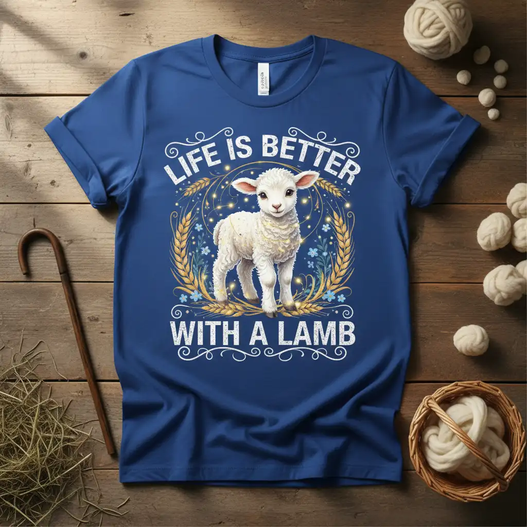 Life Is Better With A Lamb quote with cute lamb illustration on a blue t-shirt design