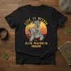 Text "Life Is Better With An Irish Wolfhound" above a seated Irish Wolfhound dog graphic with a sunset background on