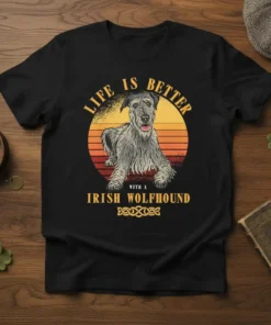 Text "Life Is Better With An Irish Wolfhound" above a seated Irish Wolfhound dog graphic with a sunset background on