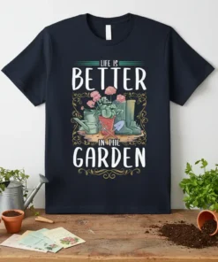 Life Is Better In The Garden text with gardening tools and flowers graphic on a dark t-shirt
