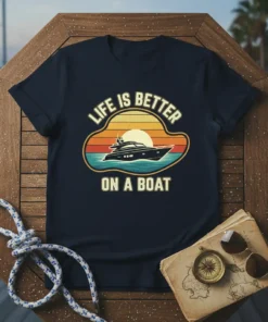 Life Is Better On A Boat t-shirt featuring a yacht sailing at sunset with vintage-inspired text and graphics