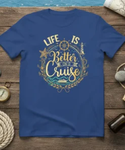 Life Is Better On A Cruise t-shirt design with nautical elements like anchors, a ship's wheel, and a lighthouse