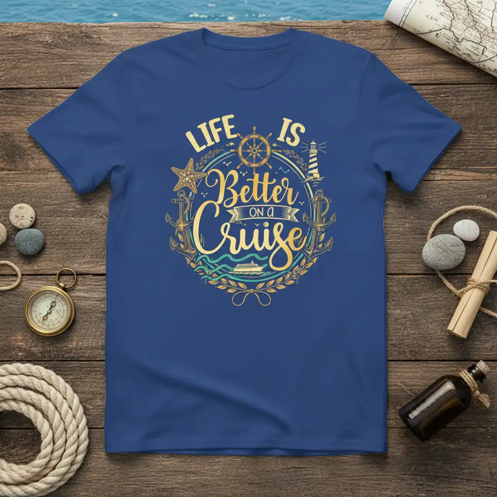 Life Is Better On A Cruise text design with anchors, ship wheel, and lighthouse graphic