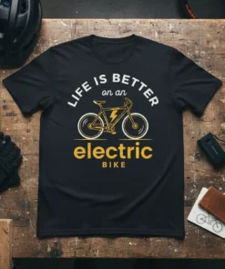 Life is Better on an Electric Bike quote with graphic bicycle and lightning bolt on black t-shirt