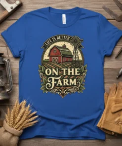 Life Is Better On The Farm text with barn and windmill graphic on blue t-shirt