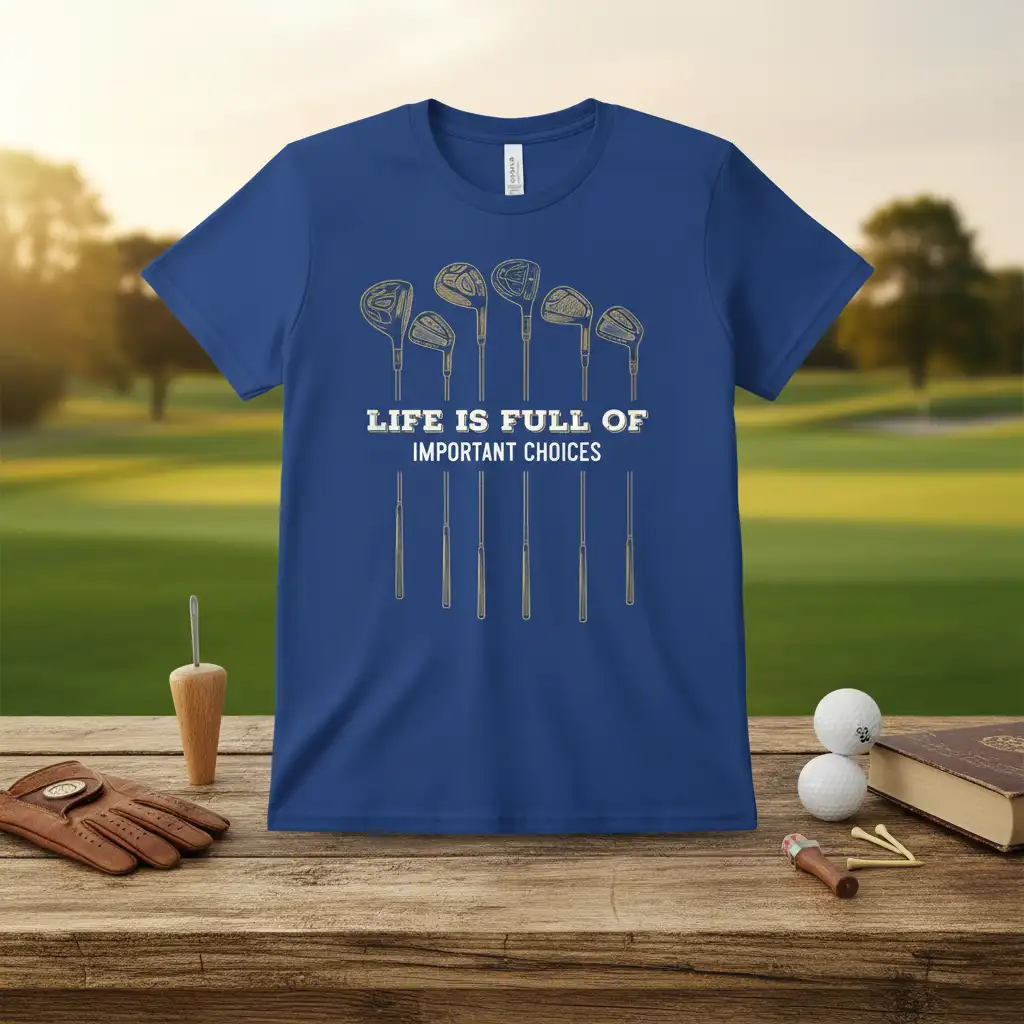 LIFE IS FULL OF IMPORTANT CHOICES golf quote t-shirt with illustrated golf clubs