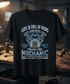 T-shirt design with "Life Is Full Of Risks Telling This Mechanic How To Do His Job Might Be One You