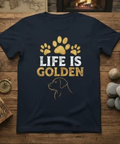 Life Is Golden t-shirt with paw prints and a golden retriever outline, white and gold text