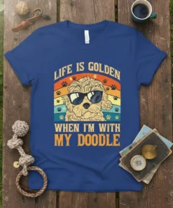 Life Is Golden When I'm With My Doodle text with a doodle dog wearing sunglasses on a vintage sunset background