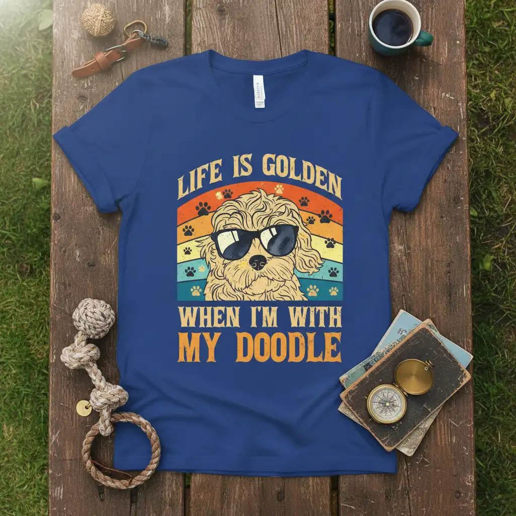 Life Is Golden When I'm With My Doodle quote on a retro sunset t-shirt design with a cool doodle dog wearing sunglasses