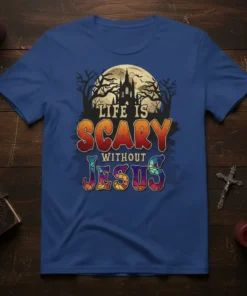 Christian "Life Is Scary Without Jesus" Halloween T-Shirt design featuring a spooky castle and full moon