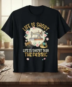 Black t-shirt with gold glitter text "LIFE IS SHORT BUY THE FABRIC" and a vintage sewing machine illustration surrounded by