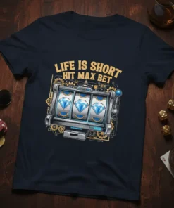 Life Is Short Hit Max Bet quote above a detailed slot machine graphic with three diamonds on a navy t-shirt