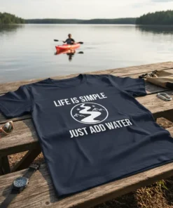 Navy blue t-shirt with white text "Life Is Simple Just Add Water" and a circular graphic of a river and