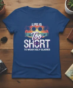 T-shirt with the quote "LIFE IS TOO SHORT TO WEAR UGLY GLASSES" in bold white and purple lettering, set against