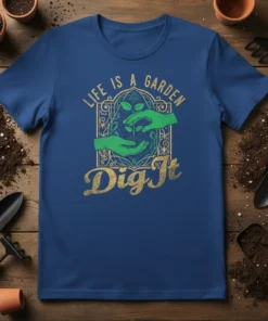 Life Is A Garden Dig It gardening t-shirt with hands holding a seedling