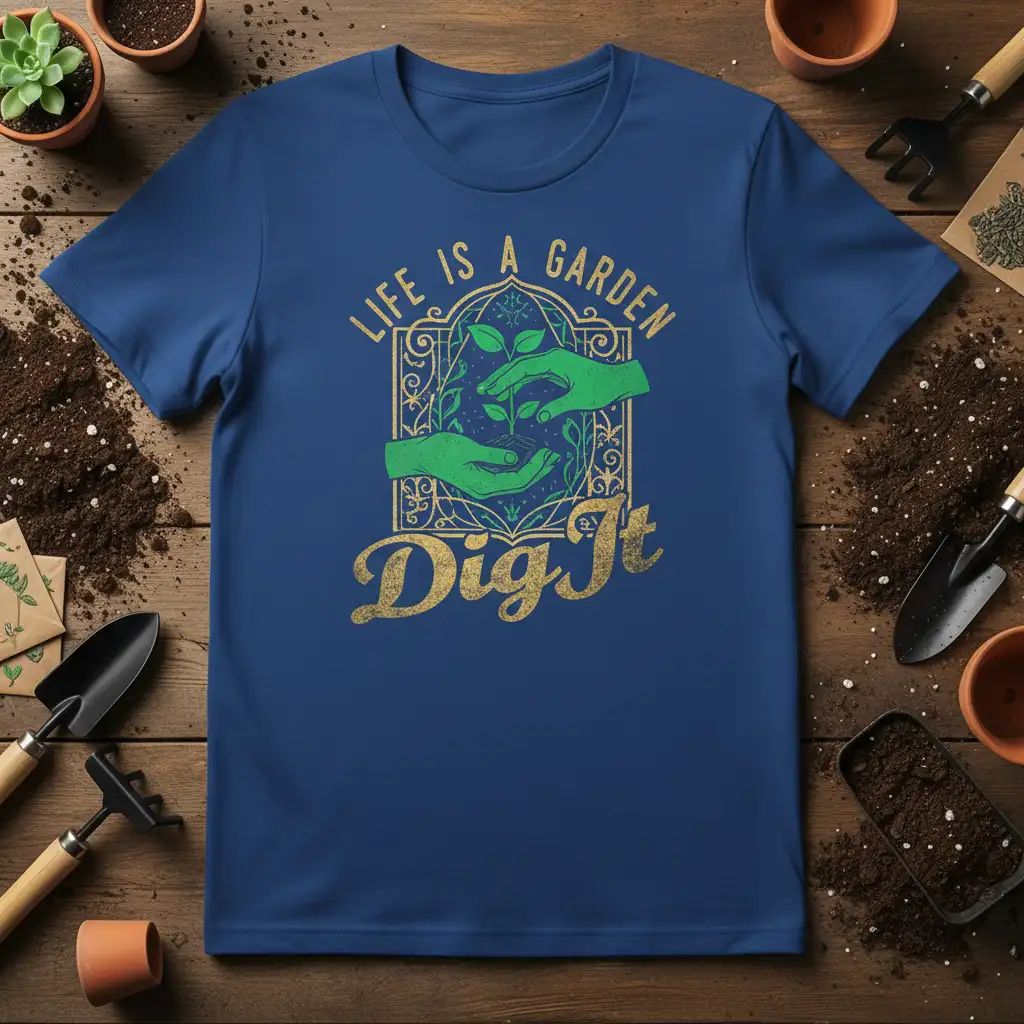 Life Is A Garden Dig It quote with hands and seedling on gardening t-shirt