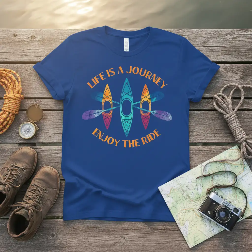 Life Is A Journey Enjoy The Ride quote with colorful kayaks and paddles design on a blue t-shirt
