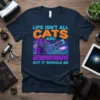 T-shirt with "Life Isn't All Cats And Astrophotography But It Should Be" text, featuring a purple cat and telescope against