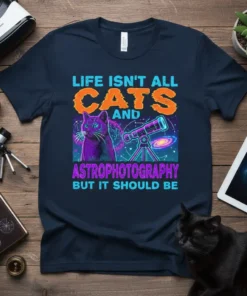 T-shirt with "Life Isn't All Cats And Astrophotography But It Should Be" text, featuring a purple cat and telescope against