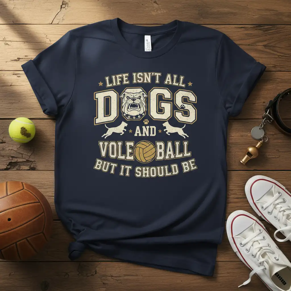 LIFE ISN'T ALL DOGS AND VOLEBALL BUT IT SHOULD BE text design with bulldog and volleyball graphics on navy shirt