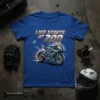 Life Starts At 200 text with a dynamic sportbike graphic, orange and white accents, on a blue t-shirt