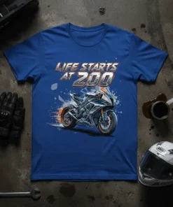 Life Starts At 200 text with a dynamic sportbike graphic, orange and white accents, on a blue t-shirt