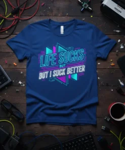 Blue t-shirt with "LIFE SUCKS BUT BUT I SUCK BETTER" in neon pink and turquoise geometric design