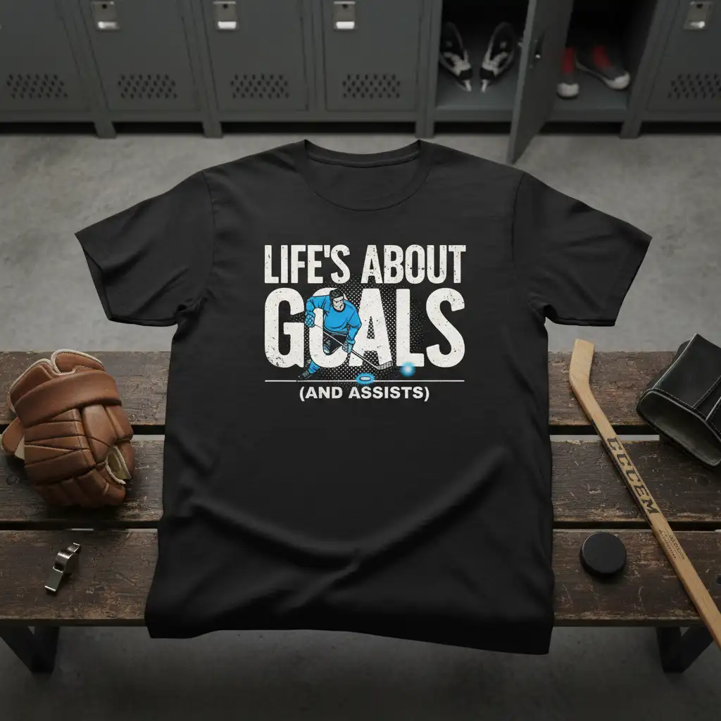 Life's About Goals (And Assists) hockey player graphic tee with distressed font