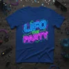 Neon LIFO The Party text design on a royal blue t-shirt, featuring bright pink and green glowing letters with circuit